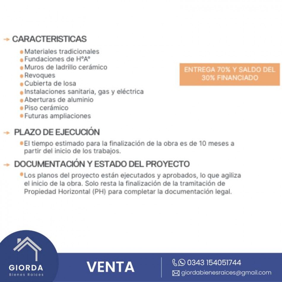 VENDE: Casas en construccion. Un dormitorio